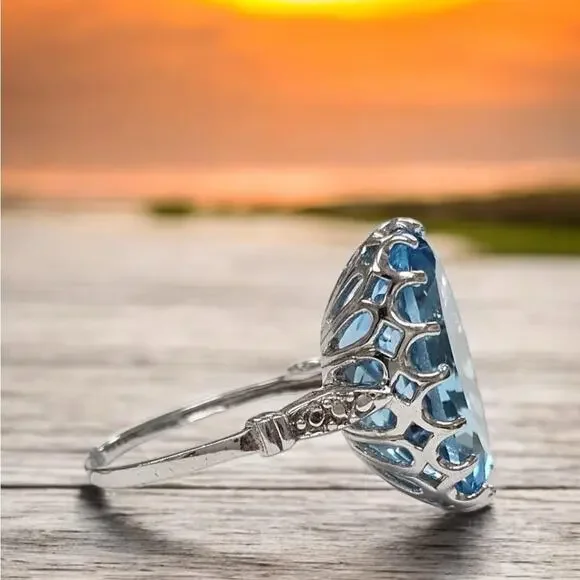 Genuine 16ct Blue Topaz Ring 925 Sterling Silver Rhodium Plated Size 7.75 - Picture 4 of 7